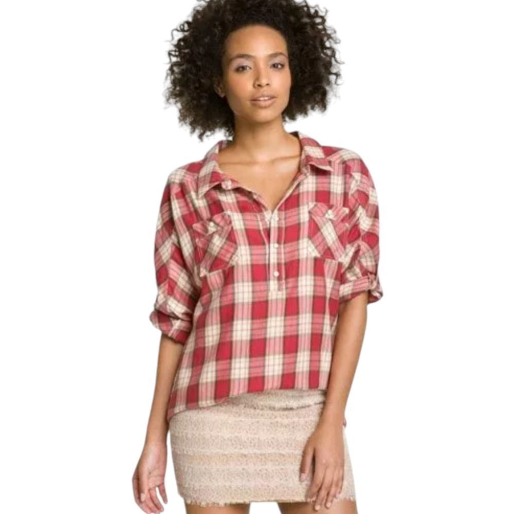 HAUTE HIPPIE red plaid flannel pearl snap button roll tab sleeve oversized top L